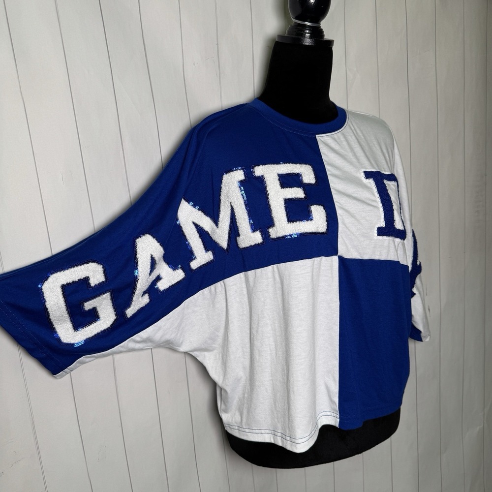 Jess Lea GAME DAY Sequin Colorblock Shirt Sporty Mom Crop Length Blue/White S
